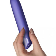 Rocks Off Sugarboo Veri Peri bullet vibrator held in a hand, featuring a smooth purple design and tapered tip.