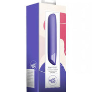 Rocks Off Sugarboo Veri Peri bullet vibrator in a purple casing, displayed in a colorful box with modern design elements.