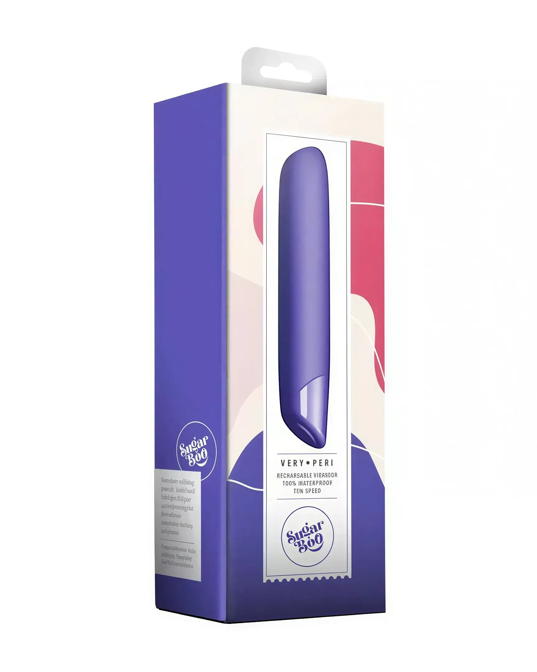 Rocks Off Sugarboo Veri Peri bullet vibrator in a purple casing, displayed in a colorful box with modern design elements.