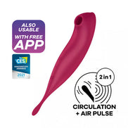 Satisfyer Twirling Pro Connect in vibrant pink with app compatibility and features for circulation and air pulse.