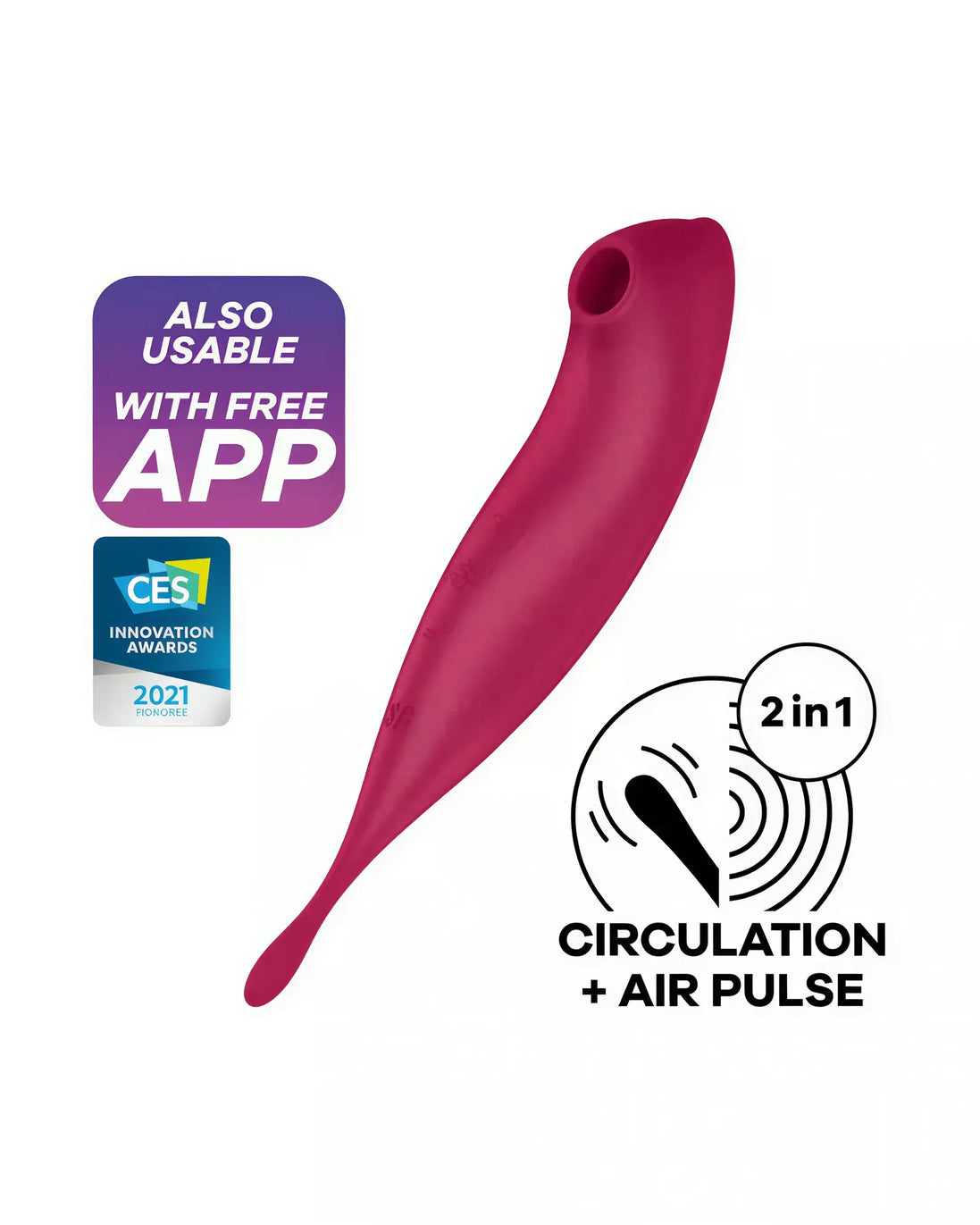 Satisfyer Twirling Pro Connect in vibrant pink with app compatibility and features for circulation and air pulse.
