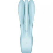 Satisfyer Threesome 1 in light blue, featuring three flexible arms and control buttons on the handle.