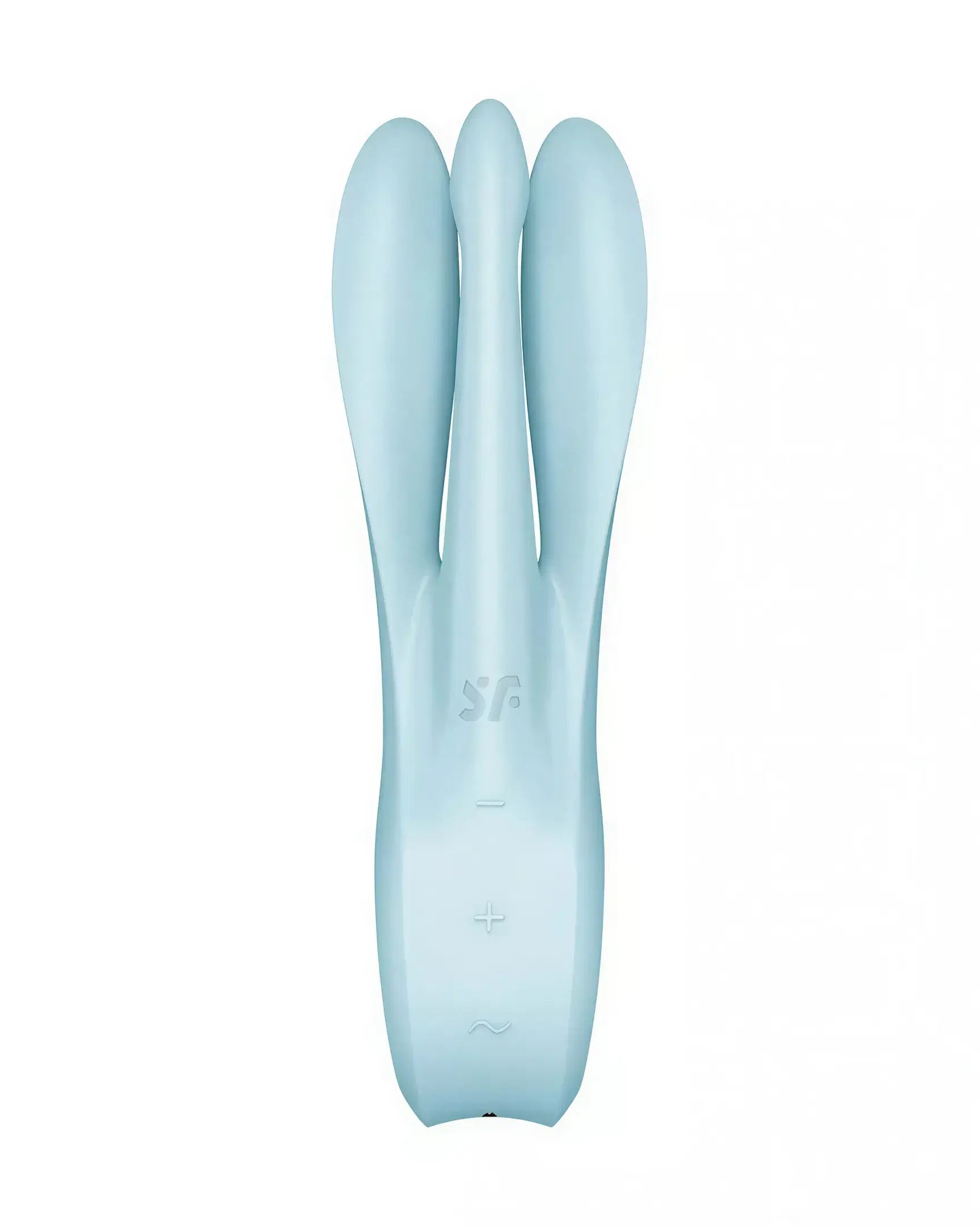 Satisfyer Threesome 1 in light blue, featuring three flexible arms and control buttons on the handle.