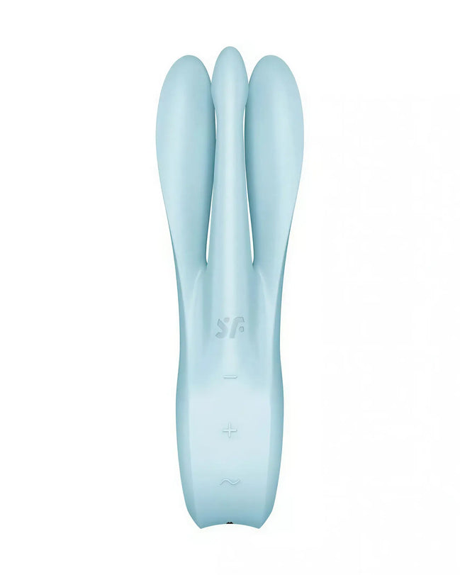 Satisfyer Threesome 1 in light blue, featuring three flexible arms and control buttons on the handle.