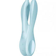 Satisfyer Threesome 1 in soft blue, featuring a dual-ended design with curved shapes and control buttons.