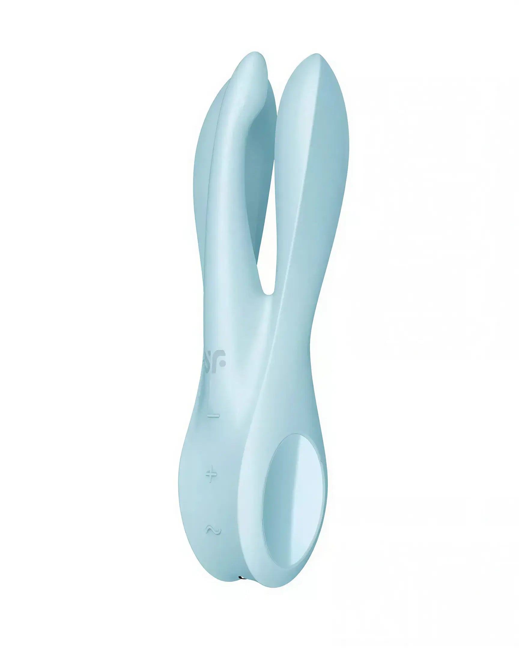 Satisfyer Threesome 1 in soft blue, featuring a dual-ended design with curved shapes and control buttons.