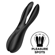 Satisfyer Threesome 2 in black, featuring a sleek design with buttons for control and a logo on the side.