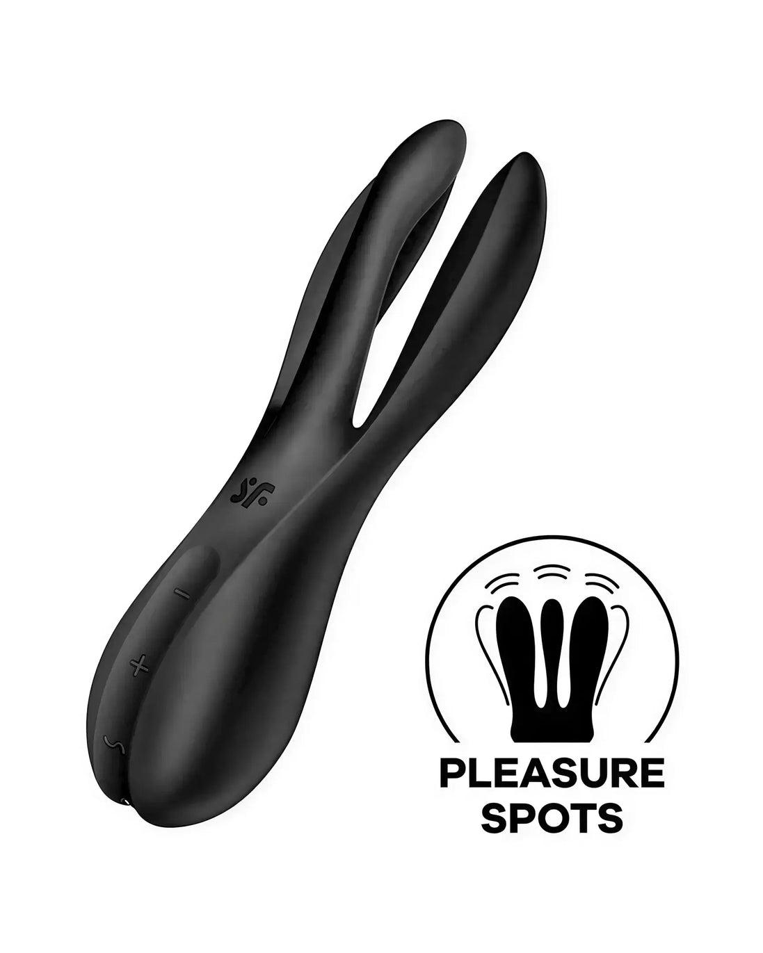 Satisfyer Threesome 2 in black, featuring a sleek design with buttons for control and a logo on the side.
