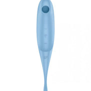 Satisfyer Twirling Pro in light blue, featuring a sleek design with control buttons and a tapered tip.