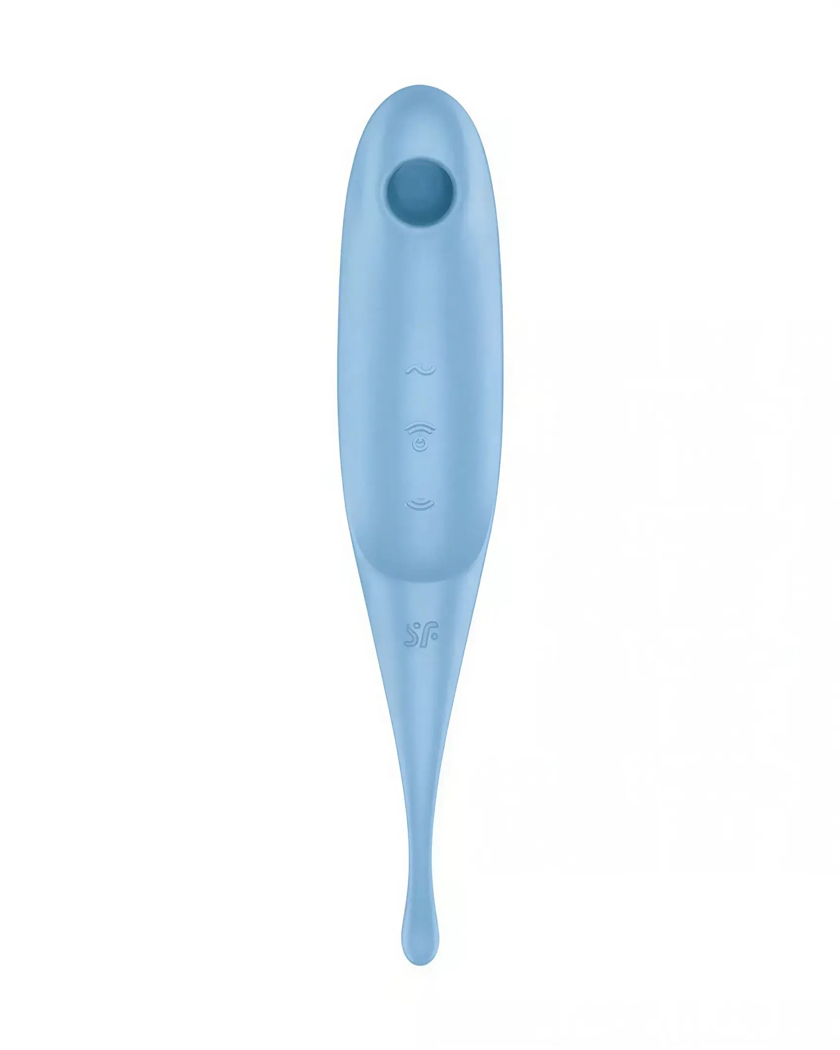 Satisfyer Twirling Pro in light blue, featuring a sleek design with control buttons and a tapered tip.