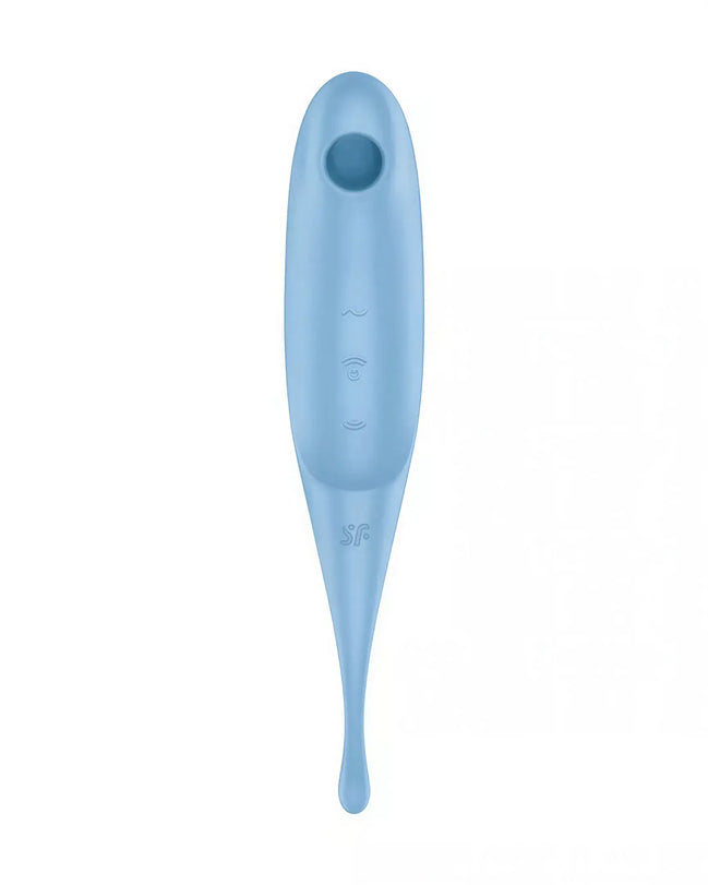Satisfyer Twirling Pro in light blue, featuring a sleek design with control buttons and a tapered tip.
