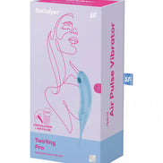 Satisfyer Twirling Pro air pulse vibrator in a blue box with a graphic of a woman's face and product details.