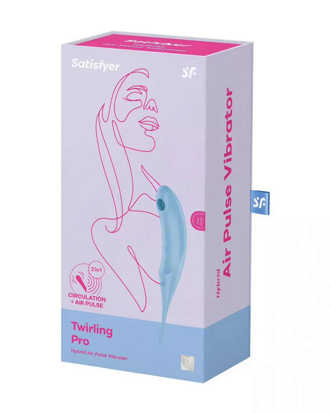 Satisfyer Twirling Pro air pulse vibrator in a blue box with a graphic of a woman's face and product details.