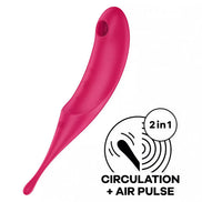 Satisfyer Twirling Pro in bright pink with a curved design, featuring a circular logo for circulation and air pulse functi...