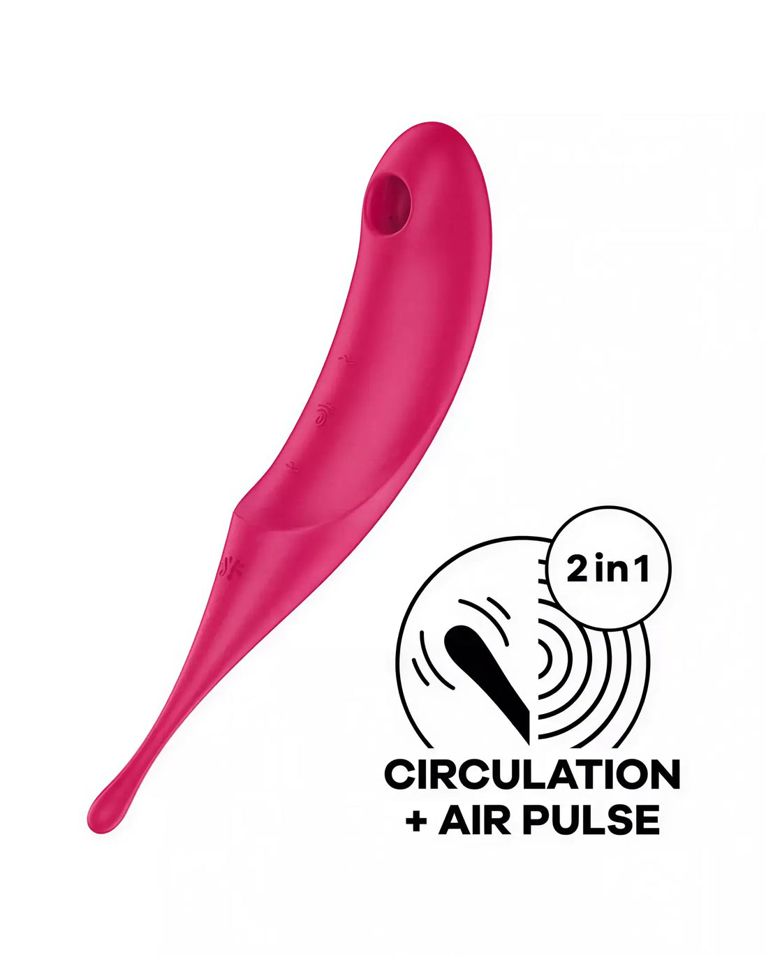 Satisfyer Twirling Pro in bright pink with a curved design, featuring a circular logo for circulation and air pulse functi...