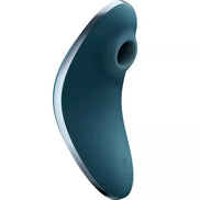 Satisfyer Vulva Lover 1 in teal with a curved design and a circular opening, angled for ergonomic use.