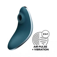 Satisfyer Vulva Lover 1 in teal with silver accents, featuring air pulse and vibration icons.