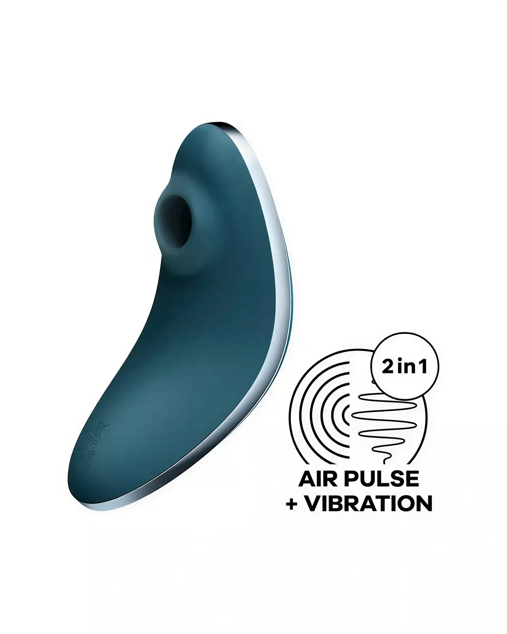 Satisfyer Vulva Lover 1 in teal with silver accents, featuring air pulse and vibration icons.