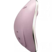 Satisfyer Vulva Lover 1 in soft pink with a curved design and silver accents, showcasing buttons on the side.