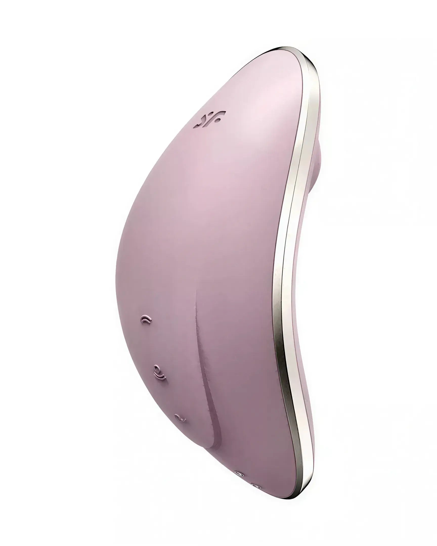 Satisfyer Vulva Lover 1 in soft pink with a curved design and silver accents, showcasing buttons on the side.