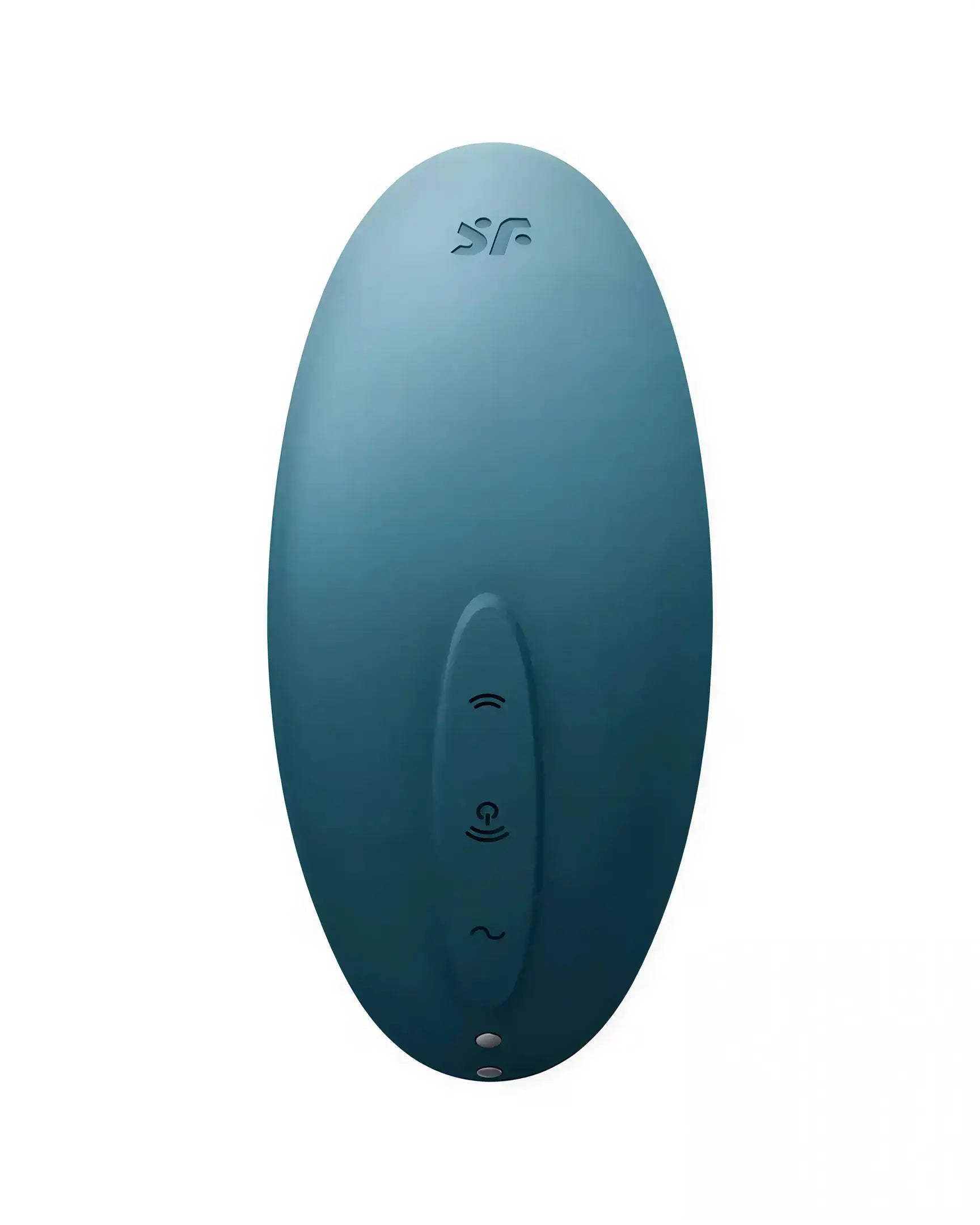 Satisfyer Vulva Lover 2 in teal, featuring a smooth oval shape and control buttons on the front.