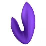 Satisfyer Love Riot in vibrant purple, featuring a sleek, curved design with two distinct arms for stimulation.