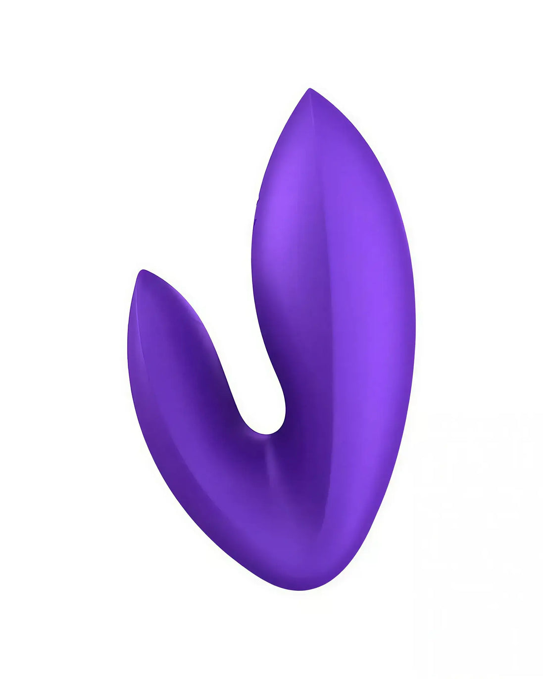 Satisfyer Love Riot in vibrant purple, featuring a sleek, curved design with two distinct arms for stimulation.