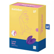 Satisfyer Love Riot finger vibrator packaging in yellow and purple with a minimalist design and product details.
