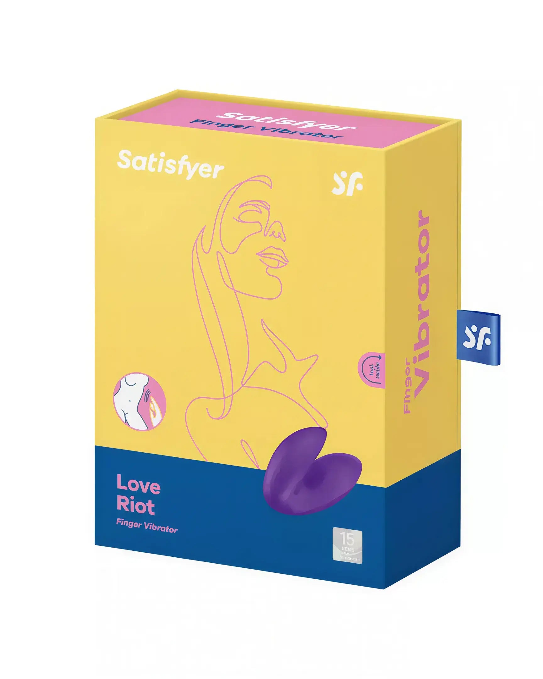 Satisfyer Love Riot finger vibrator packaging in yellow and purple with a minimalist design and product details.