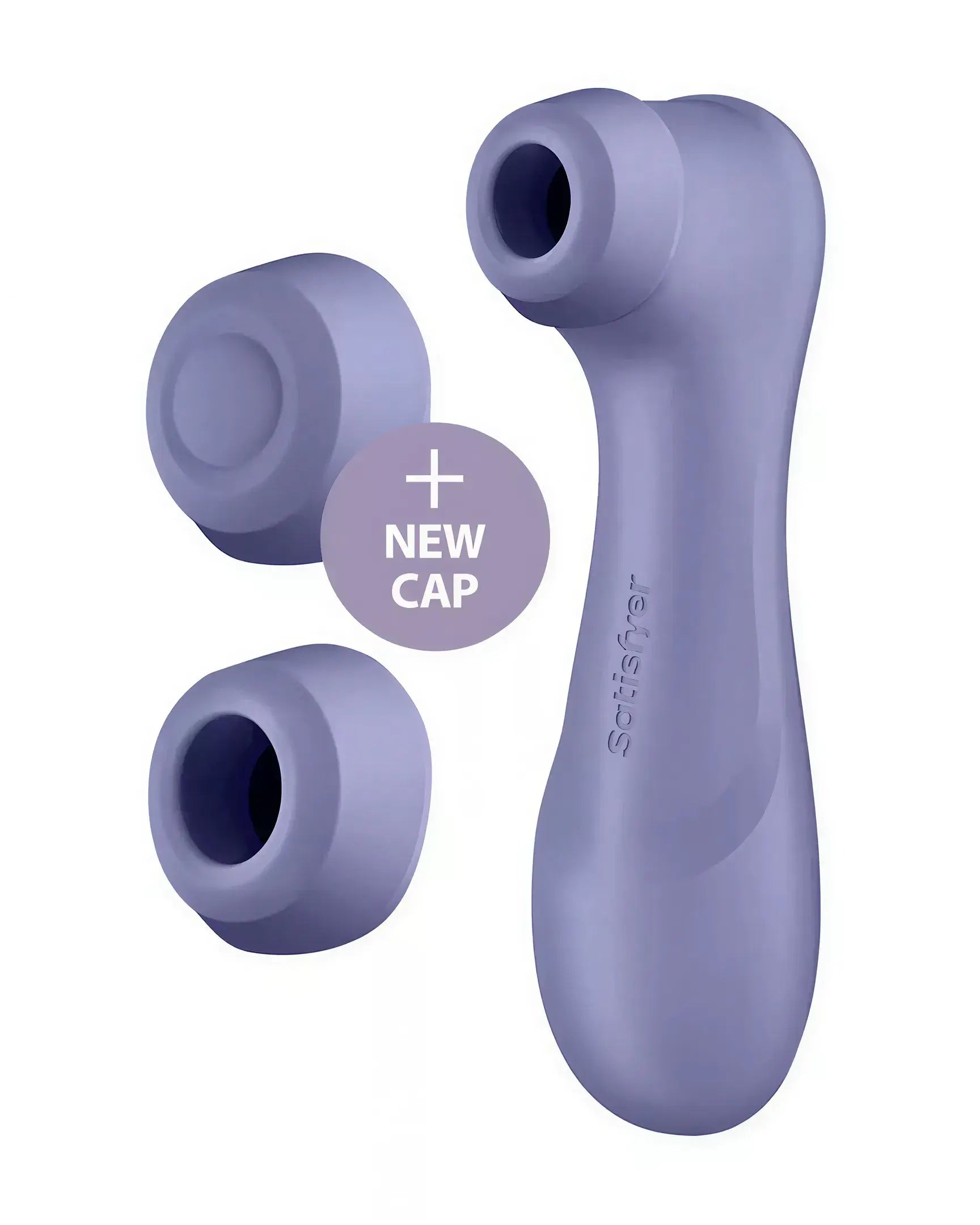 Satisfyer Pro 2 Generation 3 in lavender with two interchangeable silicone caps.