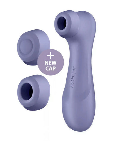 Satisfyer Pro 2 Generation 3 in lavender with two interchangeable silicone caps.
