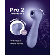 Satisfyer Pro 2 Generation 3 in lavender, featuring air pulse technology and a new cap on a dark background.