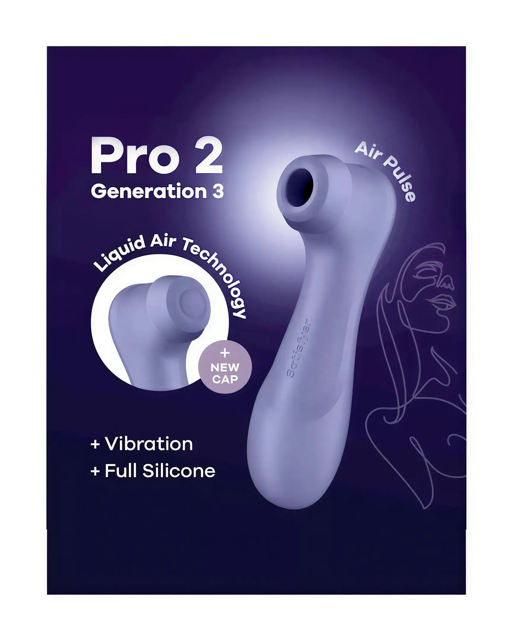Satisfyer Pro 2 Generation 3 in lavender, featuring air pulse technology and a new cap on a dark background.