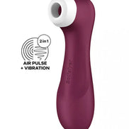 Satisfyer Pro 2 Generation 3 in deep burgundy with a white tip, featuring air pulse and vibration icons.