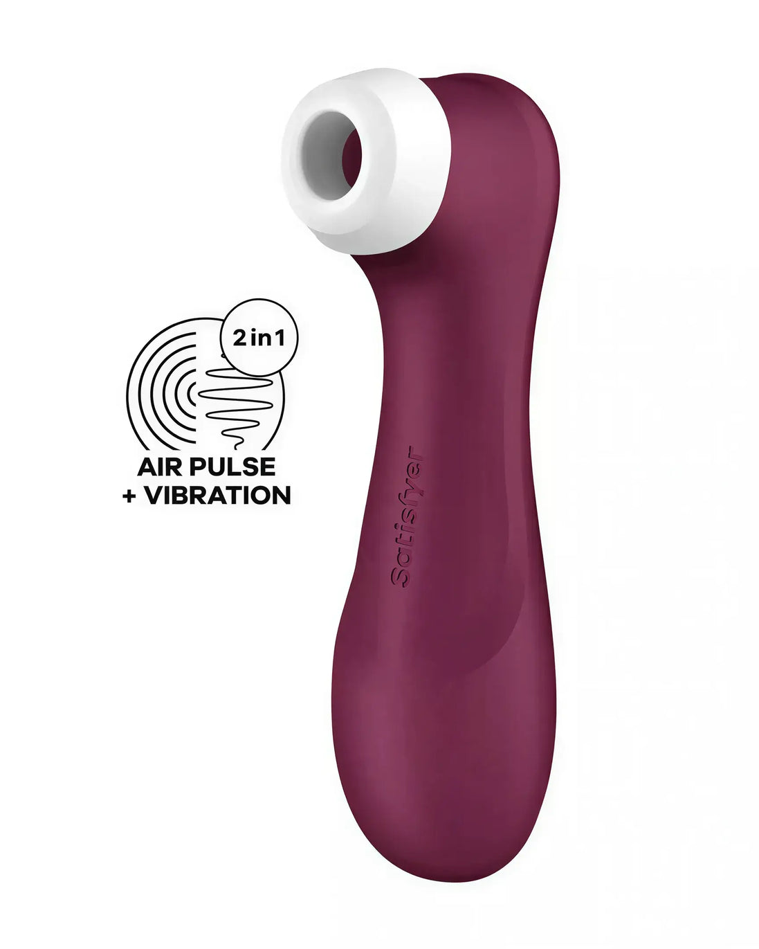 Satisfyer Pro 2 Generation 3 in deep burgundy with a white tip, featuring air pulse and vibration icons.