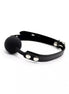 Black silicone ball gag with a smooth round ball and adjustable leather strap featuring silver snap buttons.