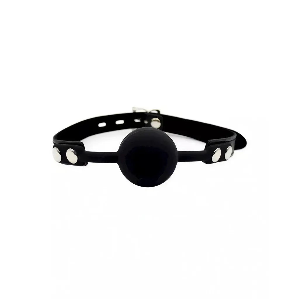 Black silicone ball gag with padlock and silver studs on an adjustable strap.
