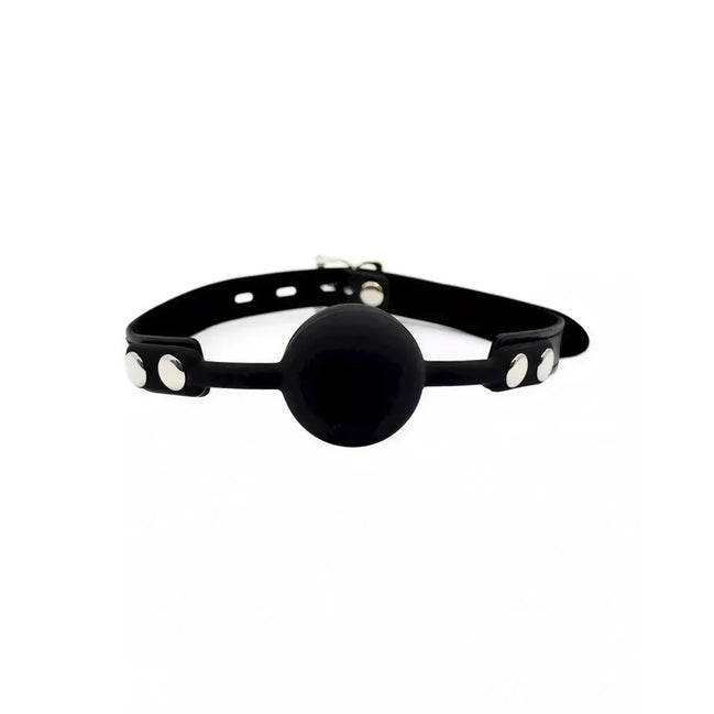 Black silicone ball gag with padlock and silver studs on an adjustable strap.