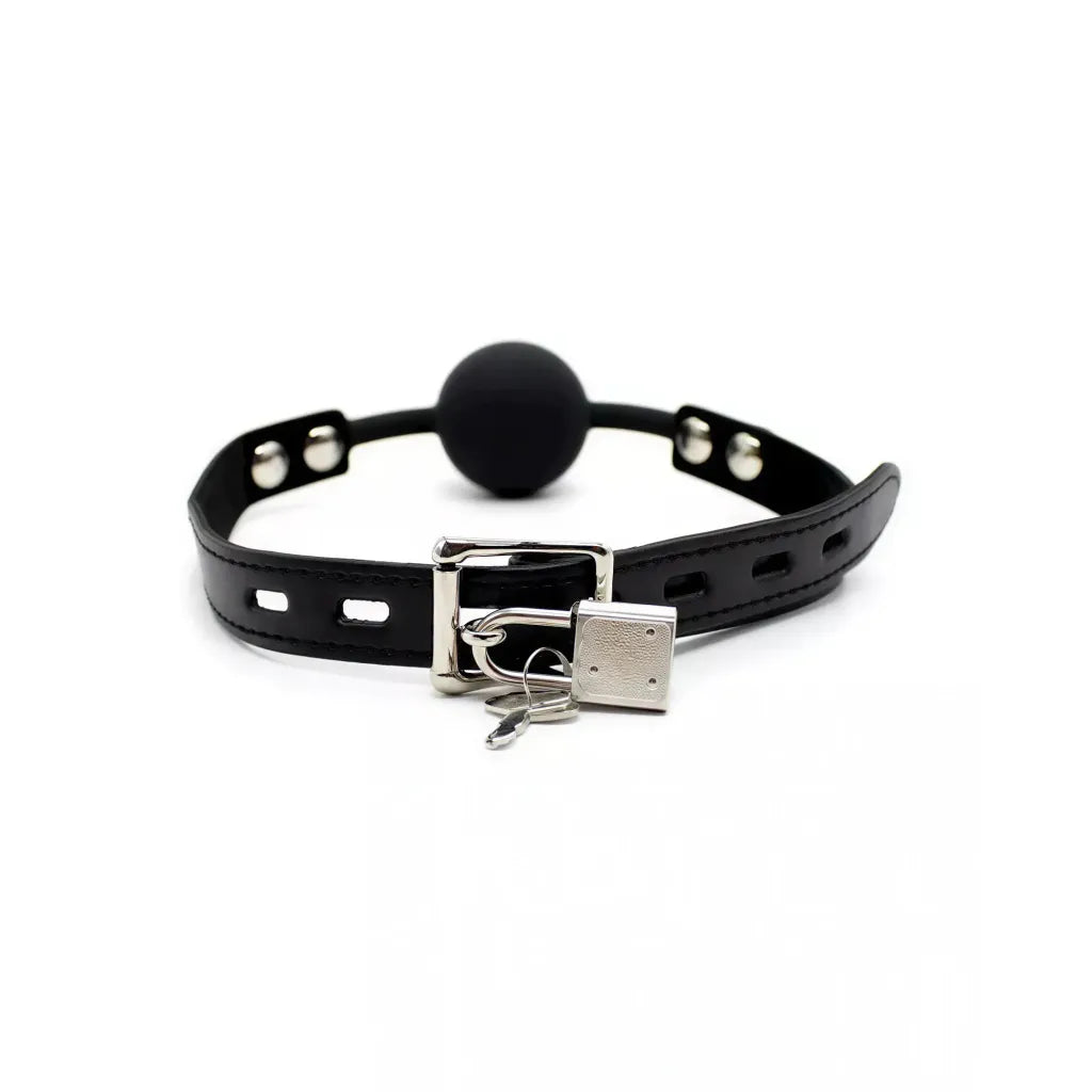 Black ball gag with padlock, featuring a smooth round ball and adjustable leather strap with metal buckle.