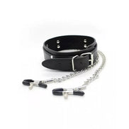 Black leather bdsm collar with nipple clamps on a white background