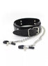 Black leather bdsm collar with nipple clamps on a white background