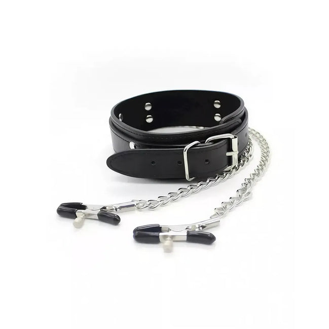 Black leather bdsm collar with nipple clamps on a white background