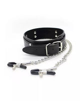 Black leather bdsm collar with nipple clamps on a white background