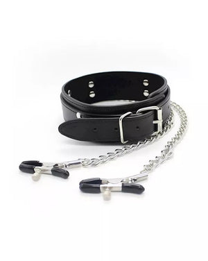 Black leather bdsm collar with nipple clamps on a white background