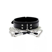 Black leather bdsm collar with silver nipple clamps on a white background