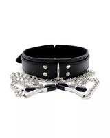 Black leather bdsm collar with silver nipple clamps on a white background