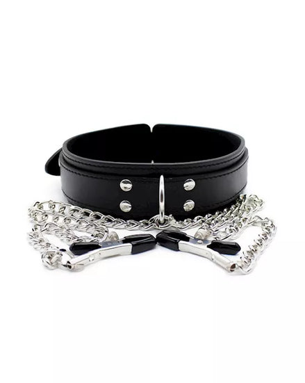 Black leather bdsm collar with silver nipple clamps on a white background