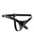 Black strap-on harness with a realistic dildo attachment, featuring adjustable straps for a secure fit.