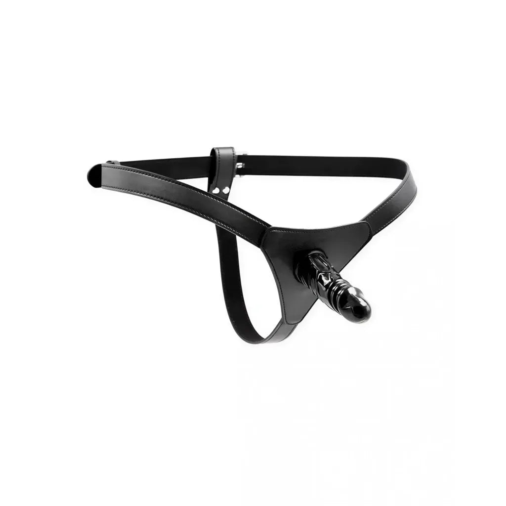 Black strap-on harness with a realistic dildo attachment, featuring adjustable straps for a secure fit.