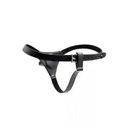 Black Kinki strap-on with adjustable straps and a smooth harness design, suitable for various sizes.